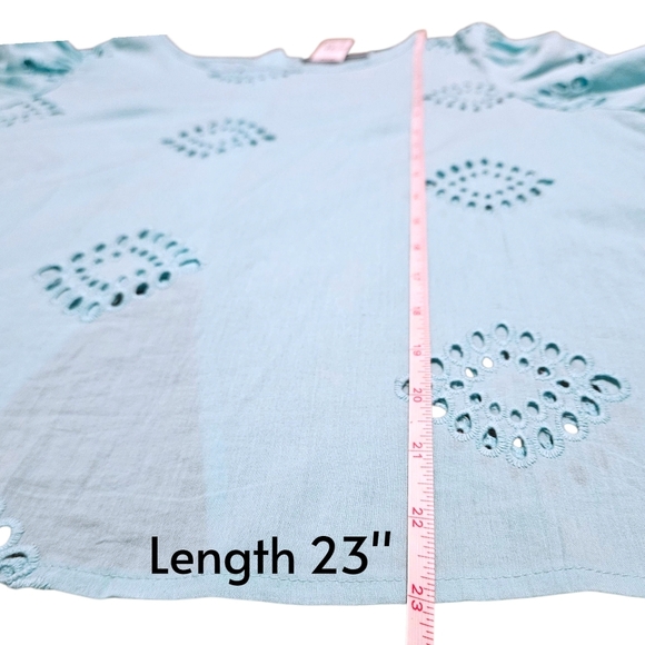 NWT New York & Company Eyelet Puff Sleeve Blouse M Aqua Blue Back Button Up - Picture 12 of 12